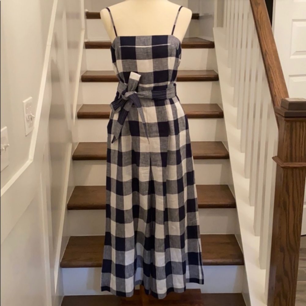 J. Crew Navy and White Linen Gingham Romper